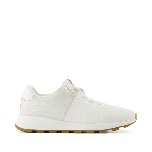 TRVL LITE Cabrillo Sneaker - Water Repellent White Textured Jacquard and Iridescent Suede Side View