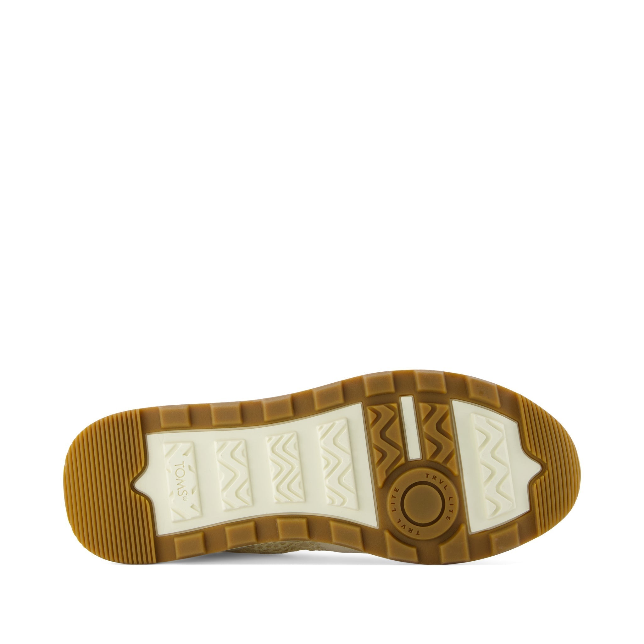 TRVL LITE Retro Runner Sneaker - Water Repellent Light Sand Suede and Moroccan Crochet Bottom Sole View