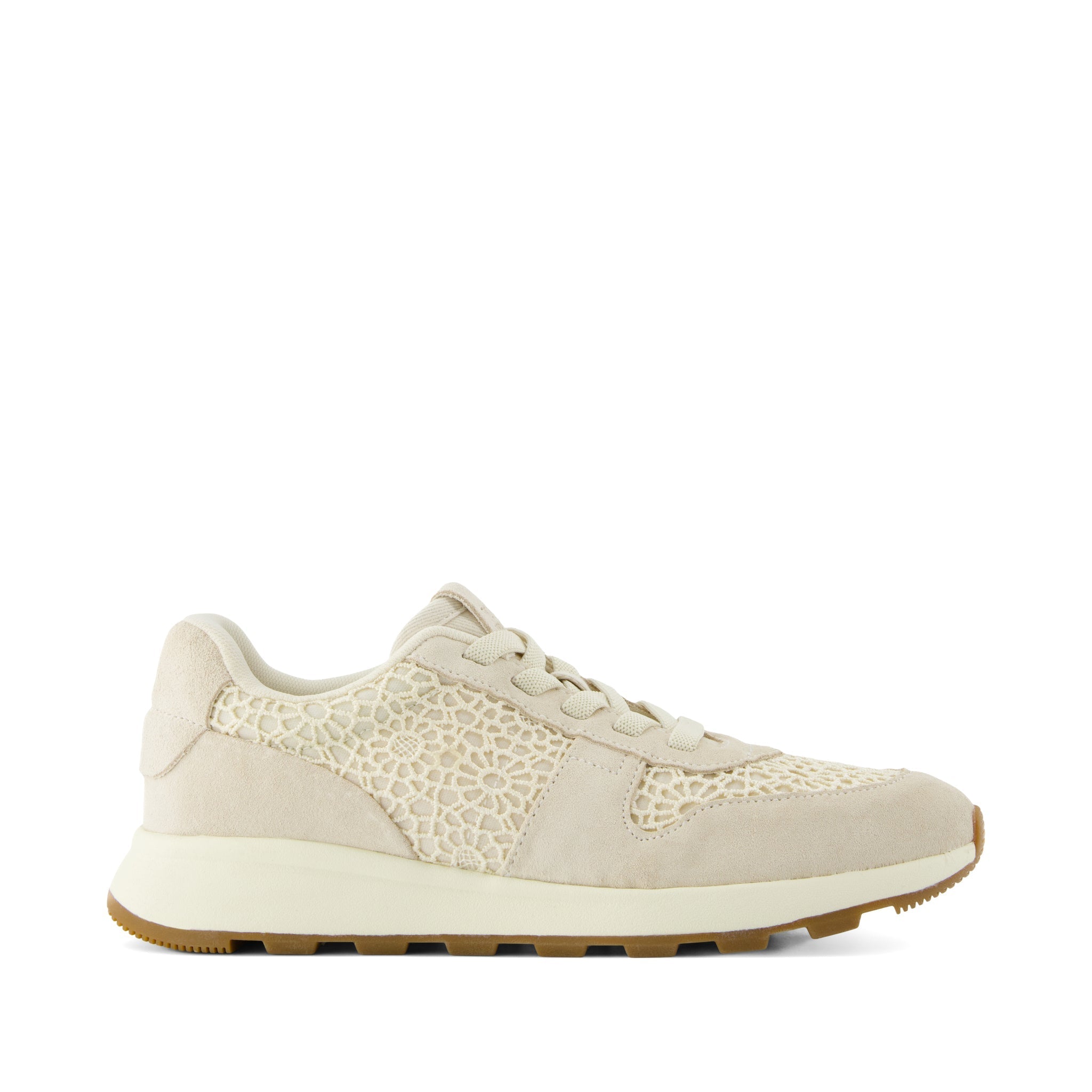 TRVL LITE Retro Runner Sneaker - Water Repellent Light Sand Suede and Moroccan Crochet Side View