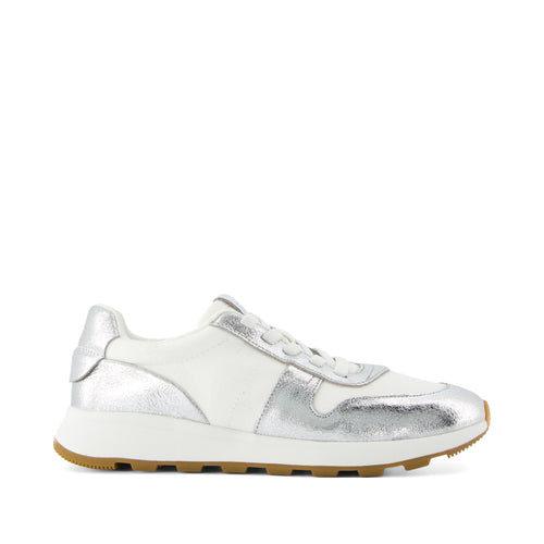 TRVL LITE Retro Runner Sneaker - Water Repellent Silver Crinkle Metallic Leather and Vintage Twill Side View