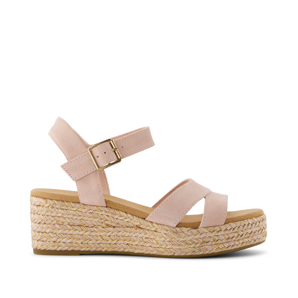 Audrey Wedge Sandal - Pale Rose Suede Side View