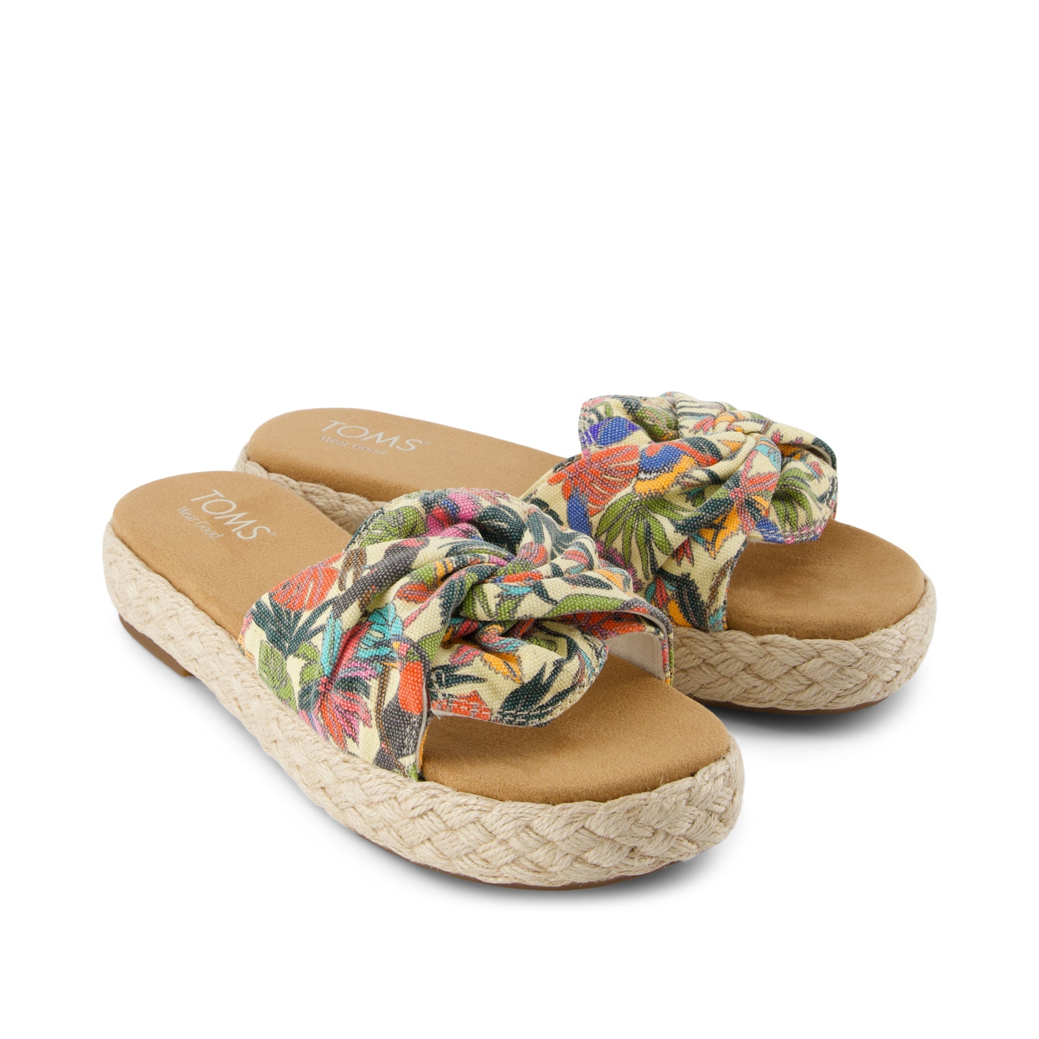 Abby Slide Platform Sandal - Multicolor Birds of Paradise Print with Knot Front View