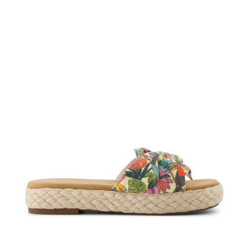 Abby Slide Platform Sandal - Multicolor Birds of Paradise Print with Knot Side View
