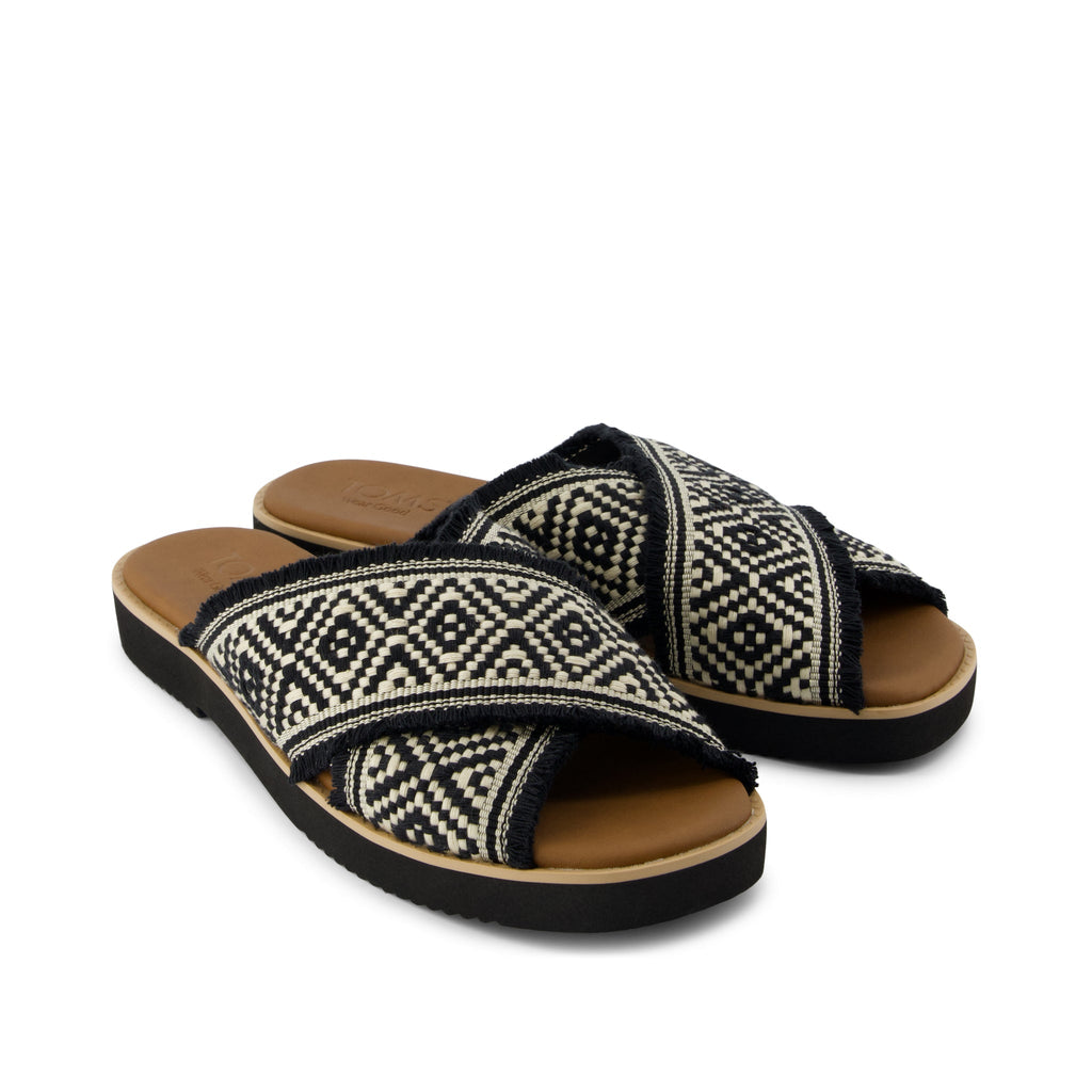 Mae Crossover Sandal - Black Woven with Fray Front View