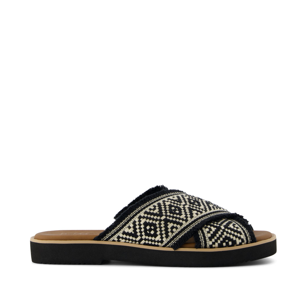 Mae Crossover Sandal - Black Woven with Fray Side View