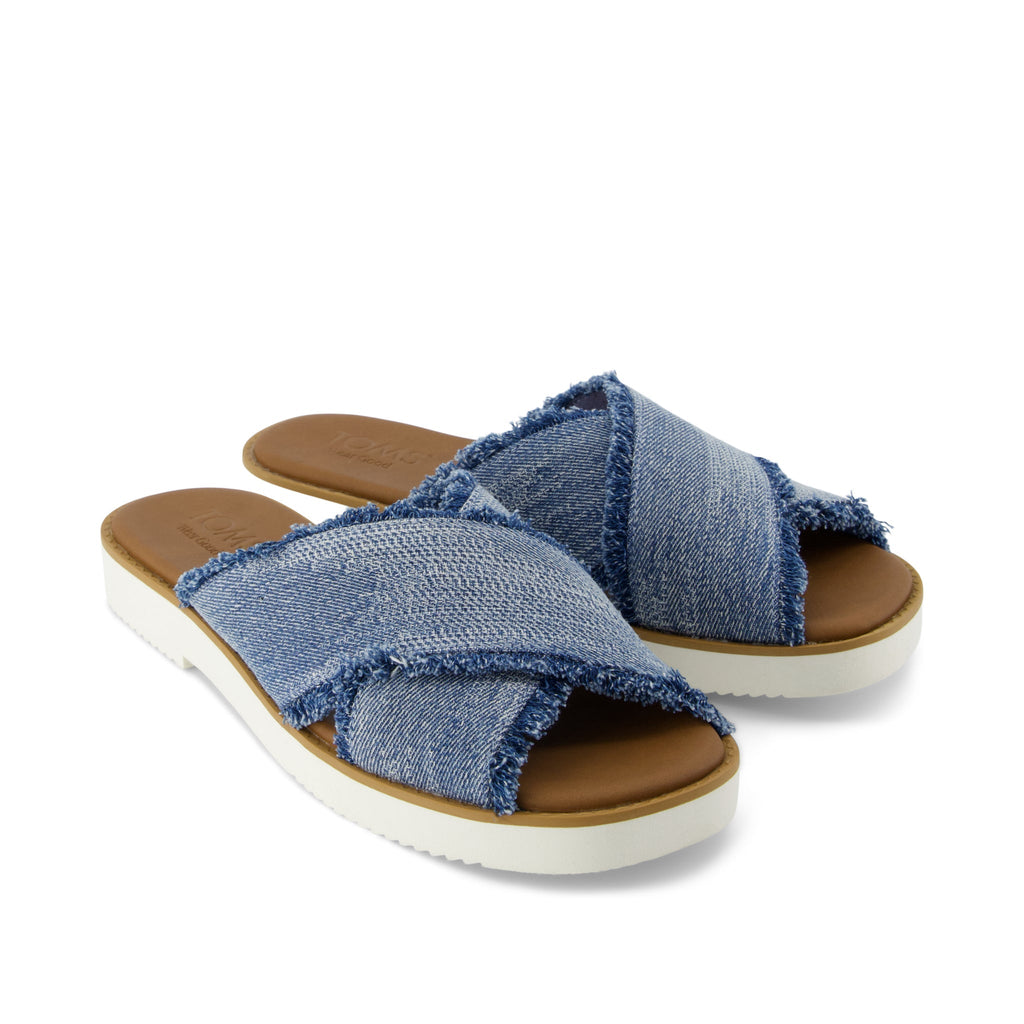 Mae Crossover Slide Sandal - Dark Sky Textured Denim Front View