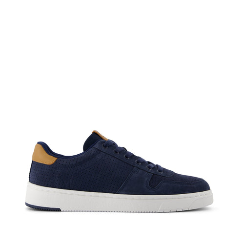 TRVL LITE Court Sneaker - Navy Mirco Perforated Suede Side View