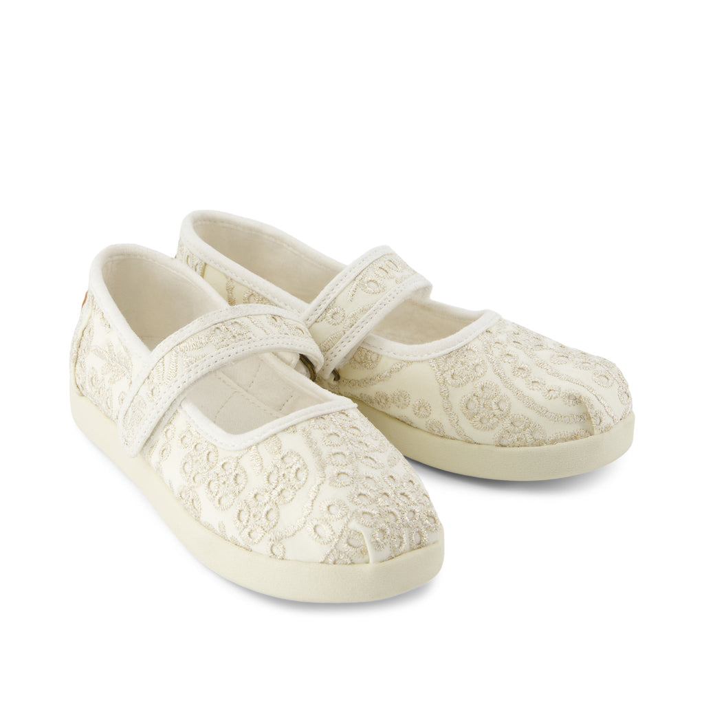 Nora Mary Jane Kids Shoe - Egret Botanical Eyelet Front View