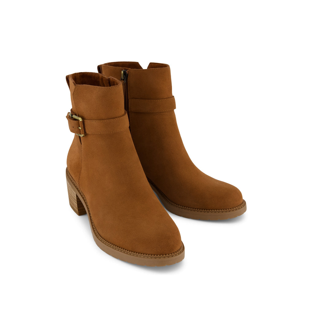 Hailey Buckle Boot - Water Resistant Amber Brown Suede Front View