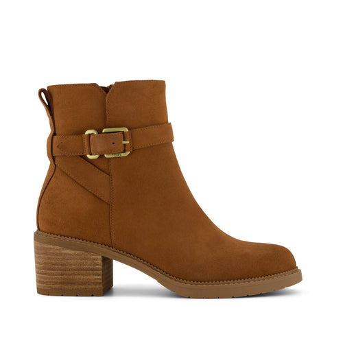 Hailey Buckle Boot - Water Resistant Amber Brown Suede Side View