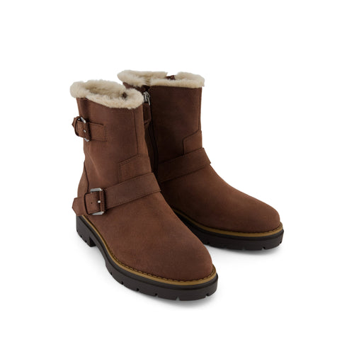 Ionie Moto Boot - Oak Brown Waxy Suede Faux Fur Lined Front View