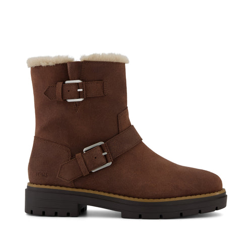 Ionie Moto Boot - Oak Brown Waxy Suede Faux Fur Lined Side View