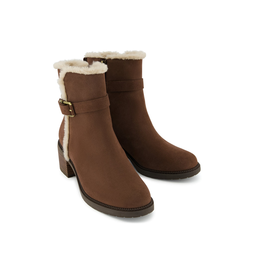 Hailey Buckle Boot - Water Resistant Oak Brown Suede Faux Fur Lined Front View
