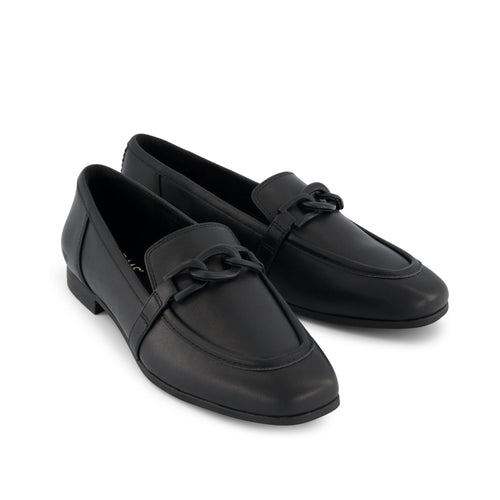 Lynette Loafer - All Black Leather with Chain Front View