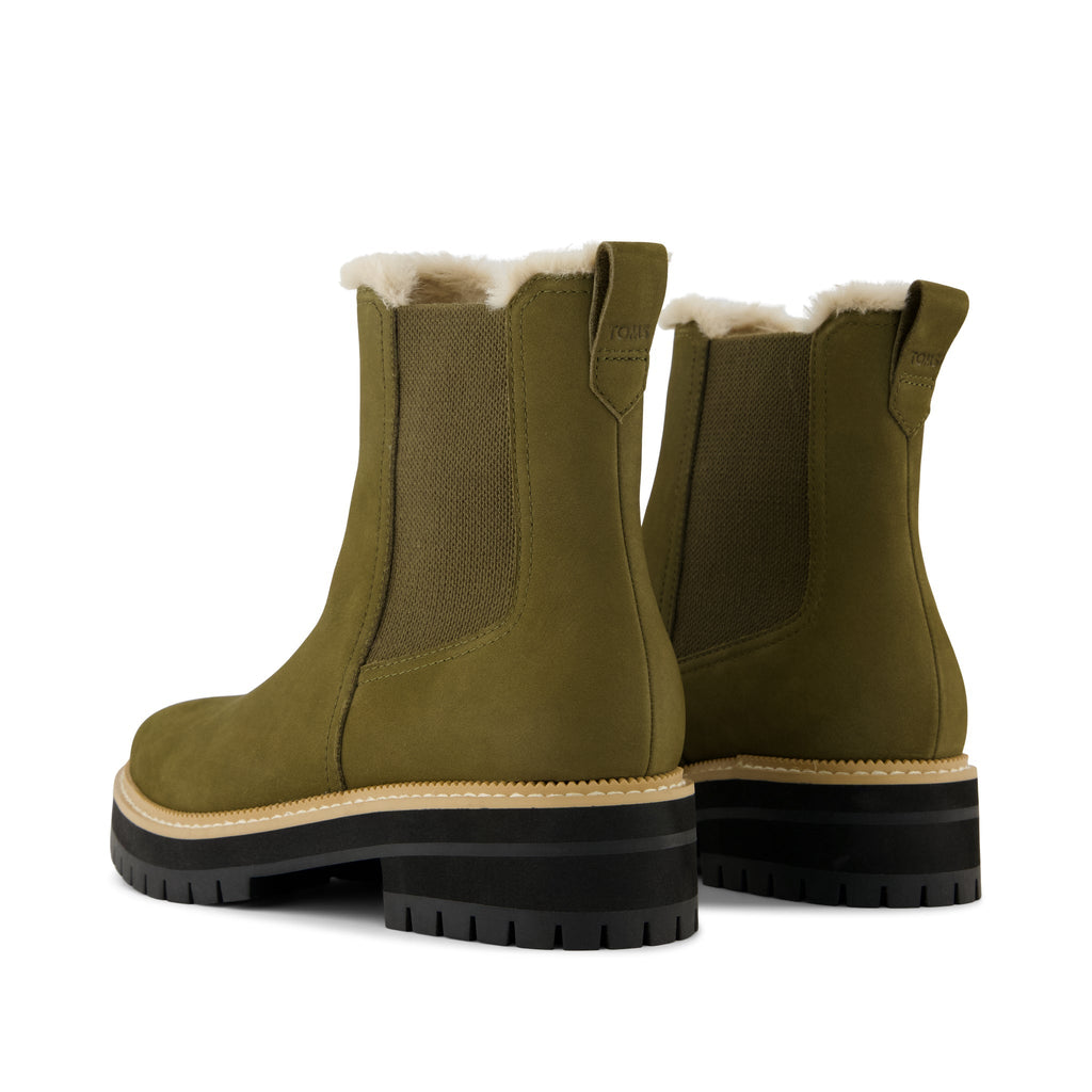 Bennet Boot - Water Resistant Olive Green Nubuck Leather Faux Fur Lined Back View