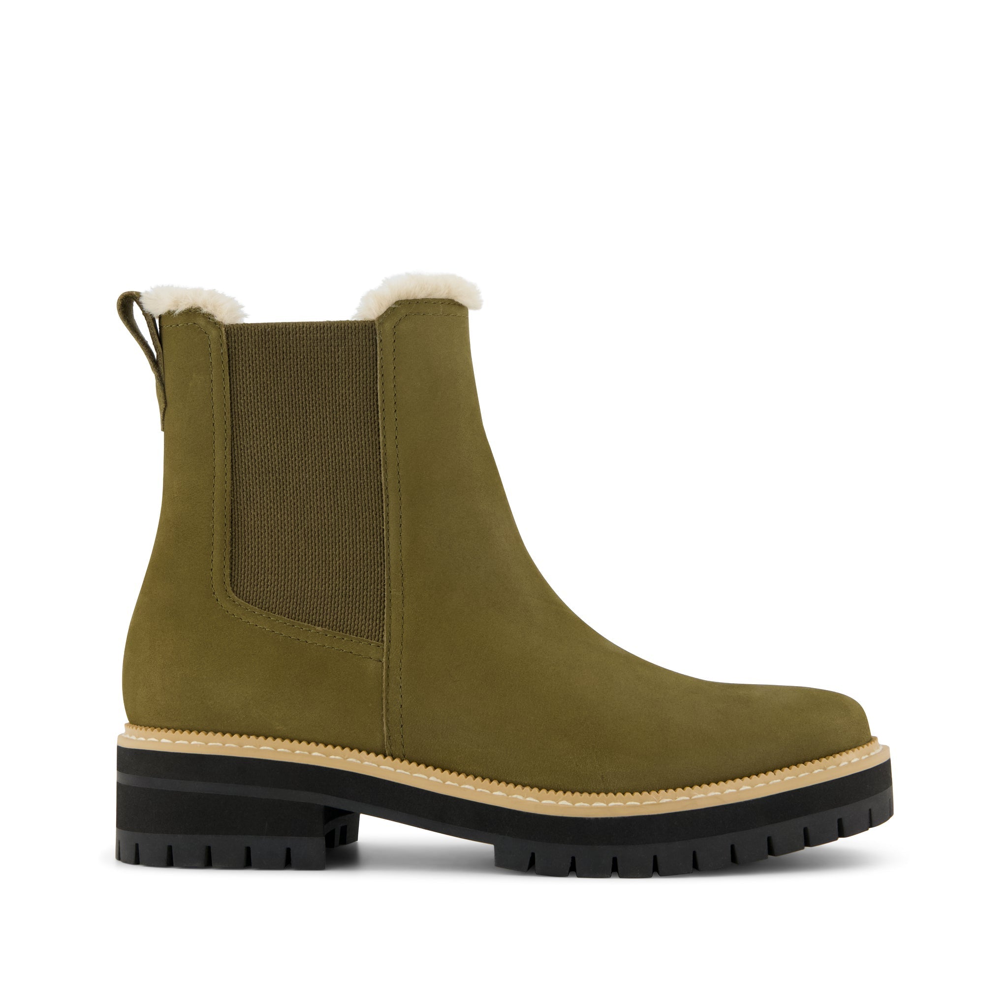 Bennet Boot - Water Resistant Olive Green Nubuck Leather Faux Fur Lined Side View