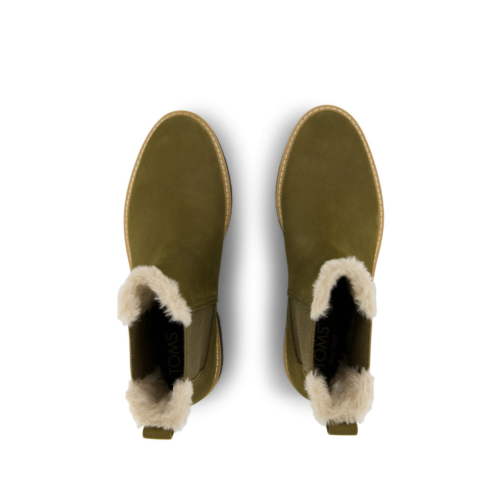 Bennet Boot - Water Resistant Olive Green Nubuck Leather Faux Fur Lined Top View