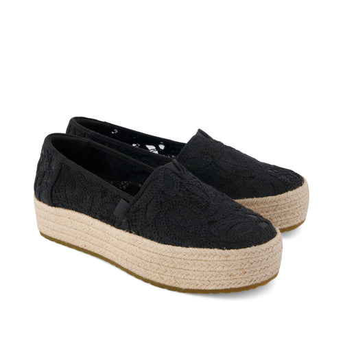 Valencia Platform Espadrille - Black Floral Crochet Front View
