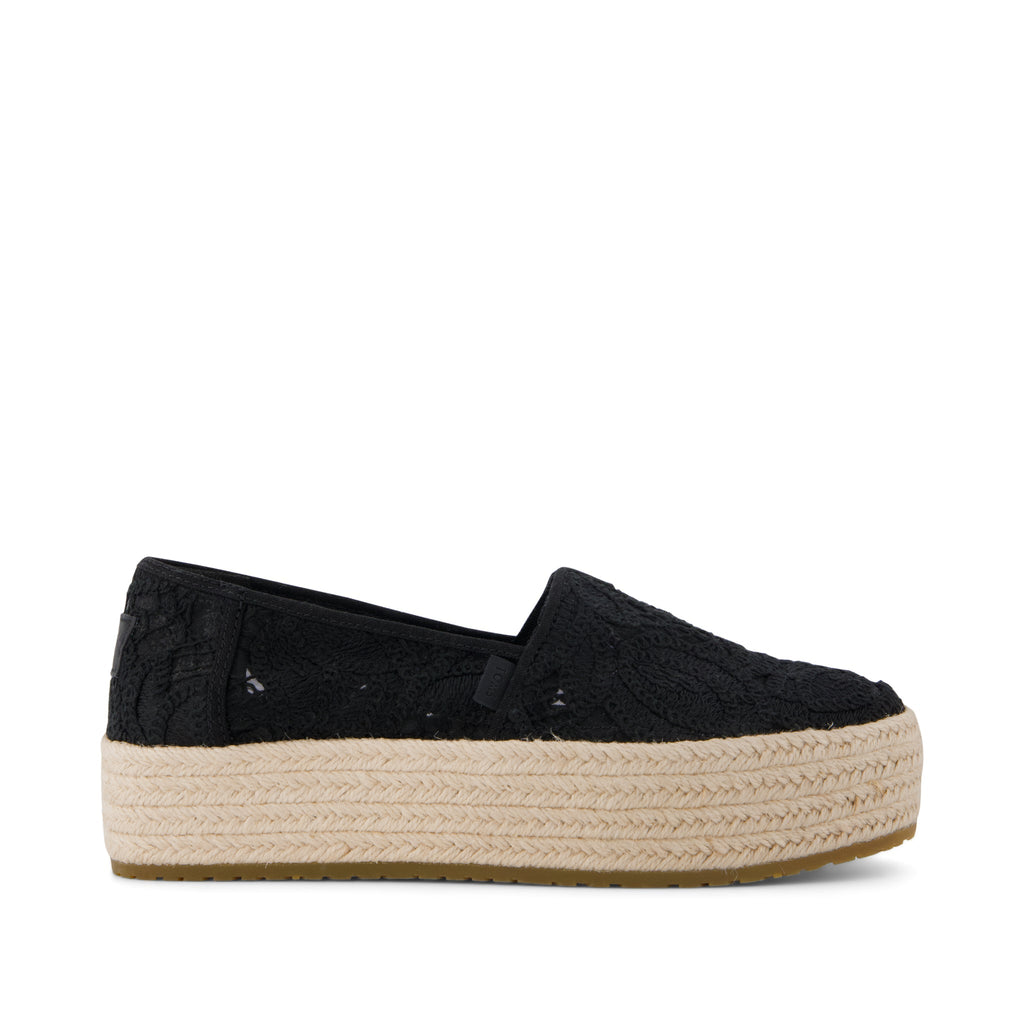 Valencia Platform Espadrille - Black Floral Crochet Side View