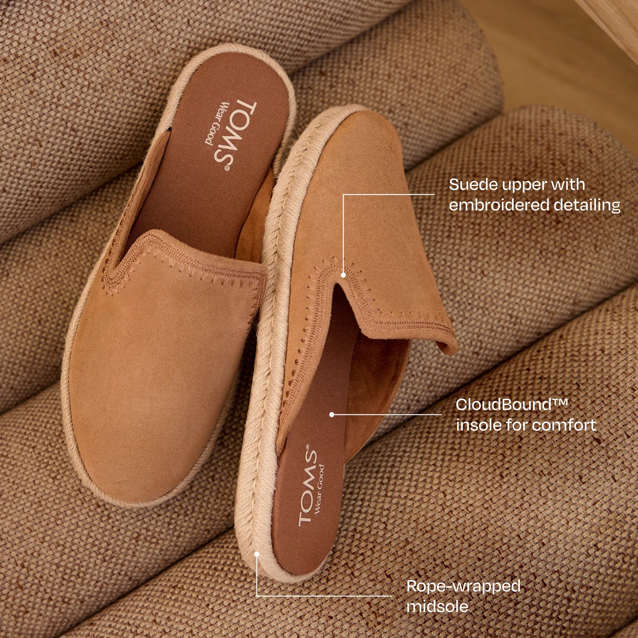 Santiago Mule Espadrille - Camel Bruin suède met borduursel