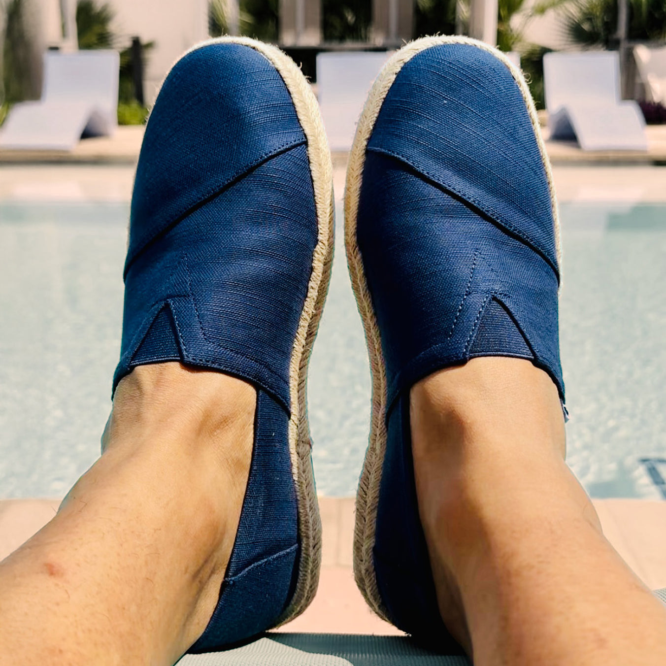 Mens Alpargata Rope Espadrille in Navy Recycled Cotton Close Up On Foot