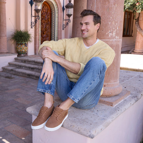 Carlo Mid Terrain 2.0 Sneaker in Water Resistant Tan Leather Lifestyle On Model Image