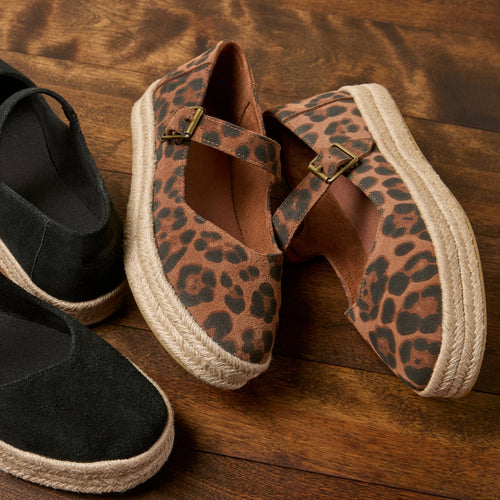 Laydown image of the brown sugar leopard print suede Carolina mary jane espadrilles