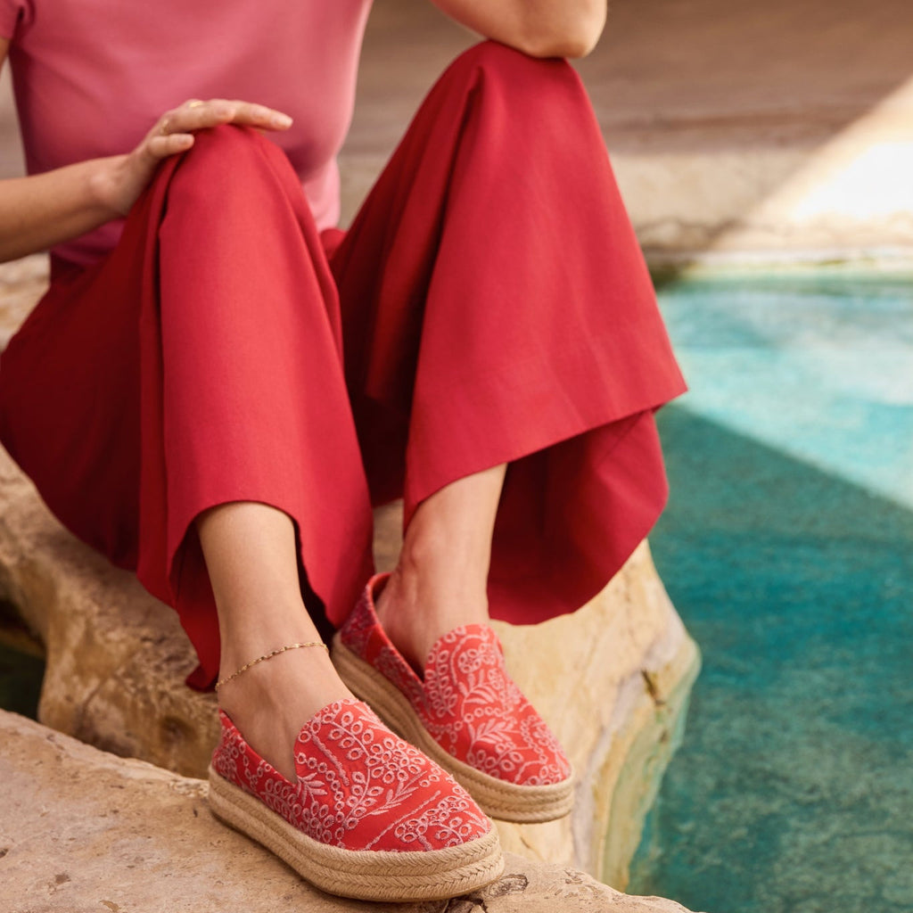 On figure image of the Flame Botanical Eyelet Carolina Espadrille