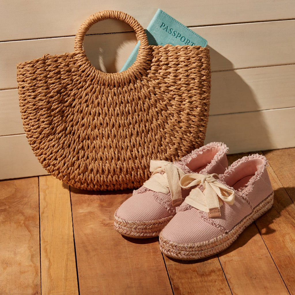 Laydown image of the pale rose lace up Carolina Espadrille