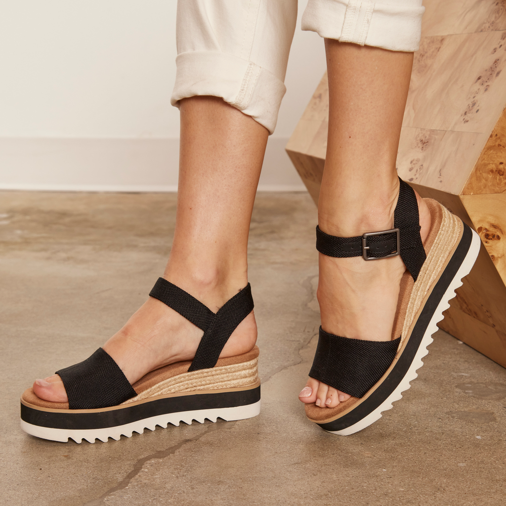 Diana Black Textile Espadrille Wedge Sandal Up Close On Foot